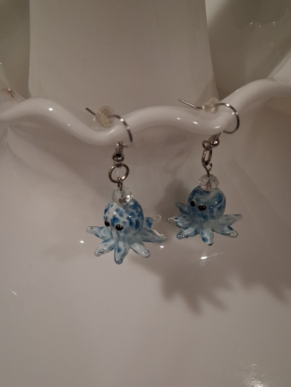 Blue Octopus Glass Drop Earrings - Silvertone Ocean Charm